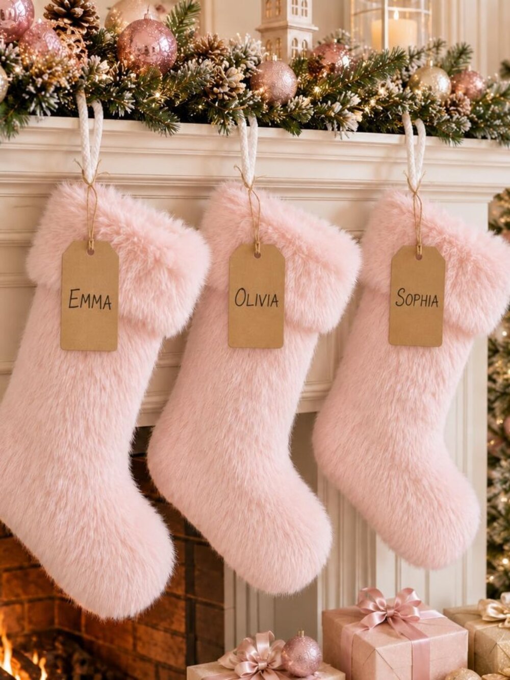 3 Pack 19 Inch Pink Christmas Stockings Faux Fur Xmas Christmas Stockings Hangin